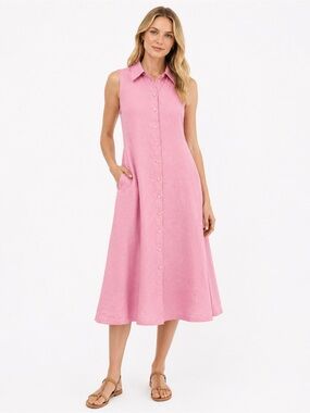 Lauren Ralph Lauren Pink 100% Linen Button Front Sleeveless Midi Dress 14